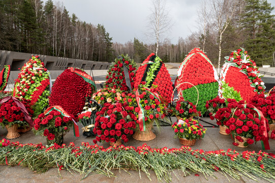 Belarus, Minsk, March 2023. The memorial of the village of Khatyn. Flowers laid at the monument
