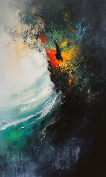 Abstract colorful oil painting of the ocean waves a silhouette on the water.