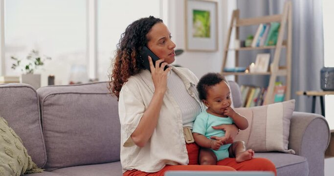 Mother, Phone Call And Freelancer Networking With Baby, Communication And Childcare At Home. Mommy, Multitasking And Communication On Technology, Conversation And Comforting Child In Living Room