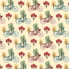 Bicycle and Trees in the City Park Vector Seamless Pattern