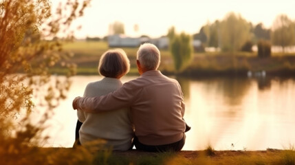 Happy senior couple sitting in summer near lake during sunset.