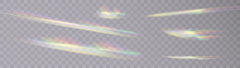 A cluster of colors, bright rays of the spectrum. Glare on a lens, glass, jewelry, or gemstone. The superimposition of the rainbow effect, the refraction of light by a crystal prism. Realistic diamond - obrazy, fototapety, plakaty