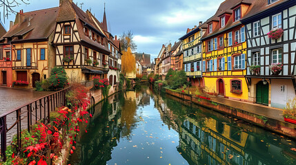 Nighttime Reflections in the Charming Canals. A Picturesque Blend of Old European Architecture and Tranquil Waterways under the Starry Sky. inspiration from Colmar