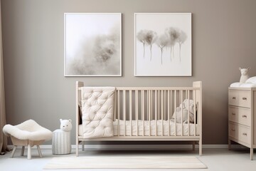 a nursery with a crib, dresser, and two abstract paintings on the wall. The color scheme is neutral and the furniture is modern. There is also a small sheep stool and a llama figurine.
