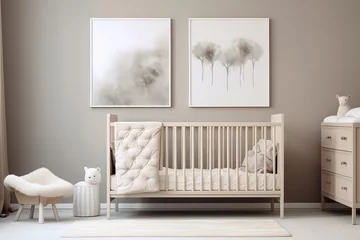 Tuinposter a nursery with a crib, dresser, and two abstract paintings on the wall. The color scheme is neutral and the furniture is modern. There is also a small sheep stool and a llama figurine. © wiwid