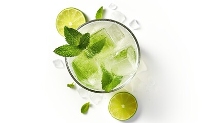 mojito cocktail,  Caipirinha, lemon, lime  with mint leaves, placed on white backdrop with empty space. menu concept. generative AI