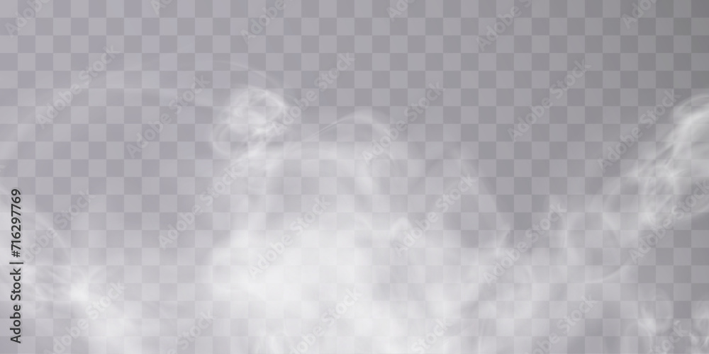 Poster Fog or smoke isolated on transparent background with special overlay effect. White vector smoke cloudiness, fog or smog background. Vector