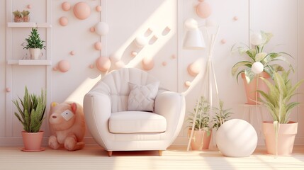 Fototapeta na wymiar a pastel room with a pink teddy bear, a white armchair, a wooden crate, and round lights. The room has a wooden floor and a plant in the corner.