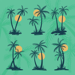 Fototapeta na wymiar Palm Tree Coconut Tree Tropical Sunset Beach Silhouette Vector Set