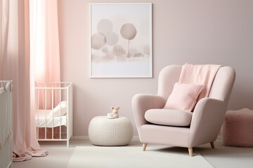 A pink and white themed nursery with a modern armchair, a crib, and an ottoman. Sunlight is streaming in through the window, creating a warm and inviting atmosphere.