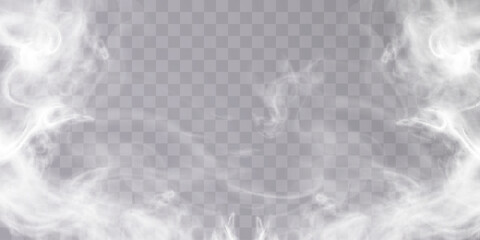 Fog or smoke isolated on transparent background with special overlay effect. White vector smoke cloudiness, fog or smog background. Vector - obrazy, fototapety, plakaty