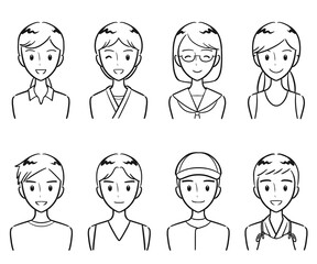 部活動・クラブ活動のユニフォームを着た中学生・高校生の男女　アイコンセット（線画）