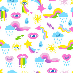 Fototapeta premium Hand drawn vector seamless pattern of neon. Psychedelic weather elements in a flat cartoon style on a white background
