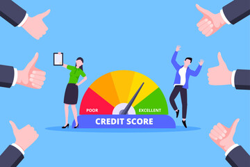 People beside credit score arrow gauge speedometer indicator with color levels. Measurement from poor to excellent rating for credit or mortgage loans concept flat style design vector illustration.