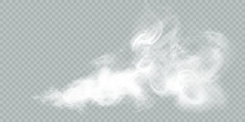 Realistic smoke clouds. A stream of smoke from burning objects. Transparent fog effect. White steam, fog. Vector design element.