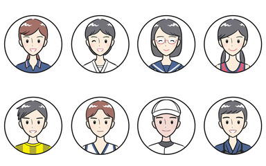 部活動・クラブ活動のユニフォームを着た中学生・高校生の男女　丸いアイコンセット　ホワイト