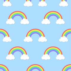 Rainbows and clouds on sky blue background. Vector seamless pattern with cartoon elements. Best for textile, wallpapers and nursery decoration.