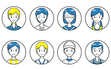 部活動・クラブ活動のユニフォームを着た中学生・高校生の男女　丸いアイコンセット　シンプル