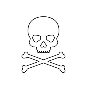 Jolly roger vector icon. Black line skull and crossed bones on white background.