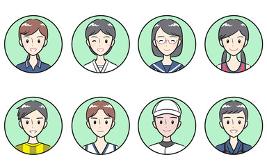 部活動・クラブ活動のユニフォームを着た中学生・高校生の男女　丸いアイコンセット　グリーン