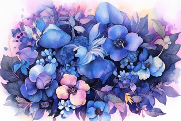 Floral drawing of a black and blue violet surrounded by colorful spots. Generative AI