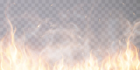 Burning red hot sparks realistic fire flames abstract background... Fire sparkles on a transparent background. Sparks flying upward, burning fire particles with smoke texture. - obrazy, fototapety, plakaty
