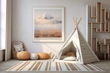 a modern children’s room with a white teepee, wooden bookshelf, and a large photo of a mountain landscape on the wall.