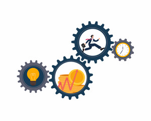 Businessman jumping on workflow to success ideas cogwheel gears strategy to achieve target icons