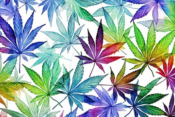 Artistic watercolor pattern featuring cannabis leaves on a plain white background. Generative AI