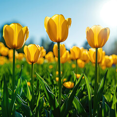 Blooming Yellow Tulips in a Green Meadow