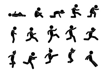 stick figure set, pictogram, stickman. jump, run