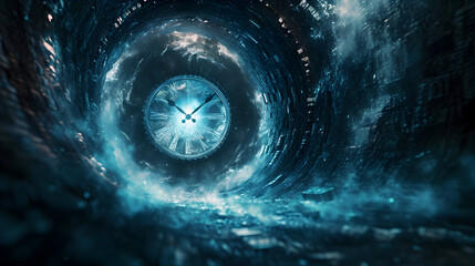 Futuristic Dark Tunnel with Clock Wallpaper,  The power of time - obrazy, fototapety, plakaty