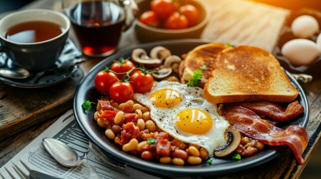 Classic Breakfast Plate With Eggs, Bacon, Toast, Tomatoes, and Mushrooms