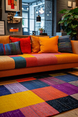 A modern, colorful carpet displayed in a chic, urban living space,