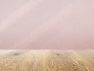 ピンクの壁とナチュラルで木目の床の背景画像素材、淡い影が入った壁とフローリングのバックグラウンド