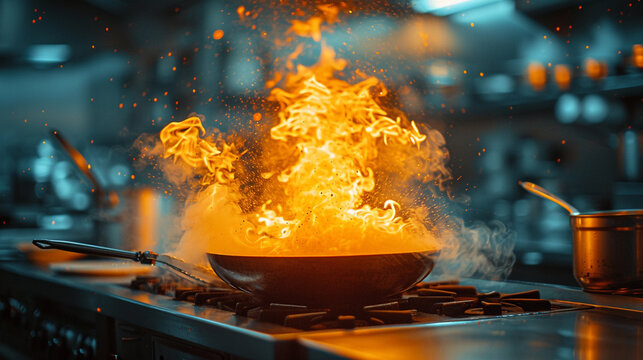 An artistic, blurred image of flames engulfing a state-of-the-art kitchen,