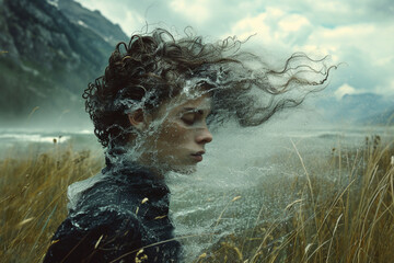 A surreal portrait where a person's hair transforms into flowing river water, merging with the natural landscape.
