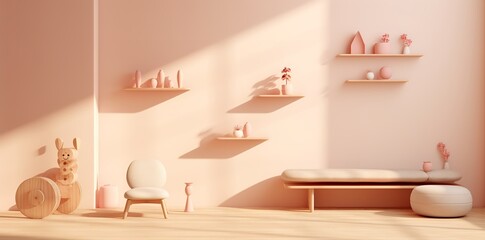A pink room with a wooden bunny toy, white chair, and shelves with vases and plants. The room has a minimalist design with a bench and a pouf.