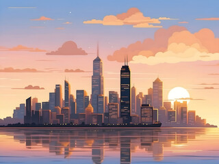  A cityscape at sunset with Pixelated art style landscape image