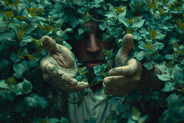 .A portrait where a person's arms extend into branches, with leaves sprouting from their fingertips.