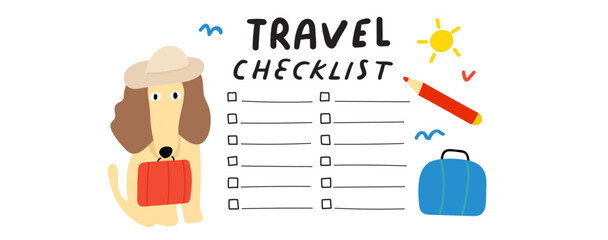 Travel checklist. Dog with suitcase. Vector illustration on white background.