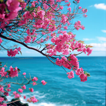 Blooming Magenta Cherry Blossoms by a Sapphire Ocean