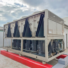 Sets of cooling towers in data center building.	