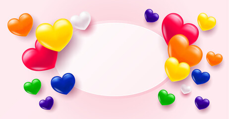Background with heart. Multi-colored volumetric hearts in the colors of the LGBT pride rainbow. Texture for banner and postcard.