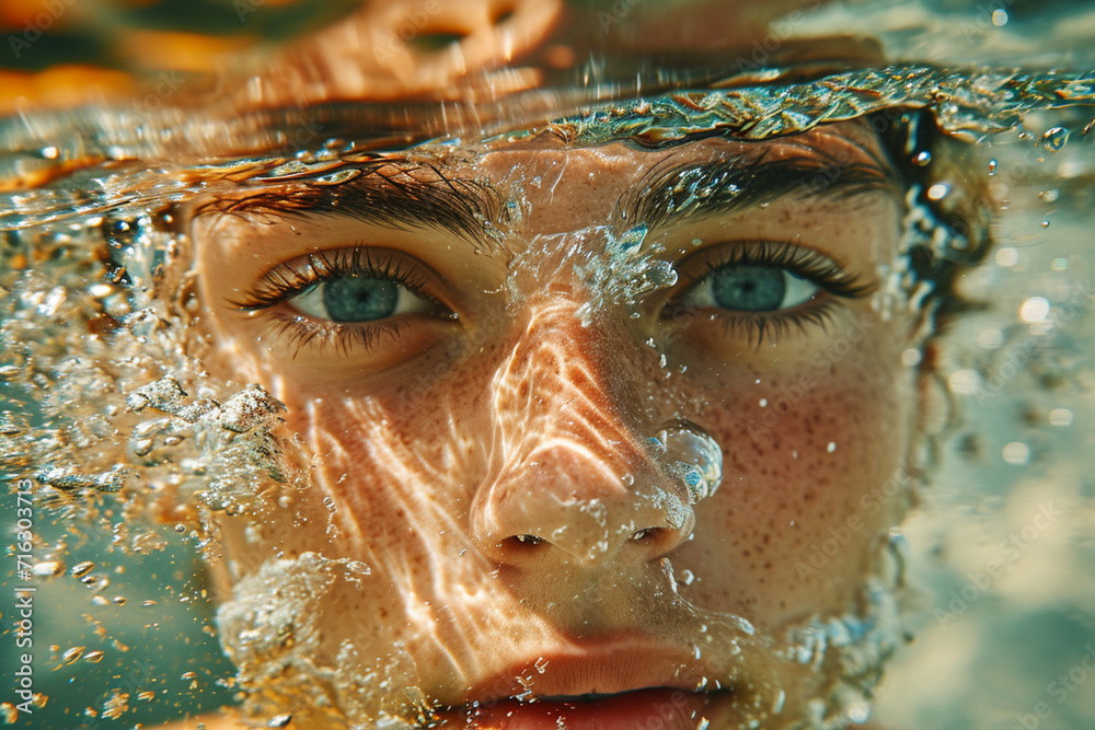 Poster A surreal image where the face is partially submerged in water, distorting the features,