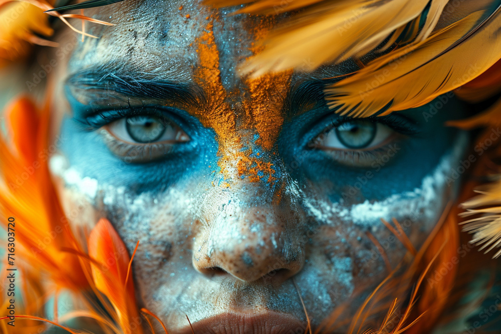 Fototapete a depiction of a face with the features made up of different types of feathers,