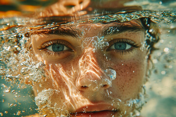 A surreal image where the face is partially submerged in water, distorting the features,
