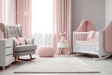 a nursery with a pink and white color scheme. The room features a white crib, a pink rocking chair, a white side table with a vase of pink flowers, and a pink pouf.
