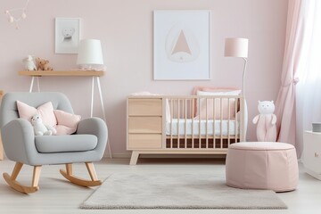 A modern nursery with a pink and gray color scheme. The room features a crib, armchair, ottoman, and two lamps. The walls are decorated with framed art.