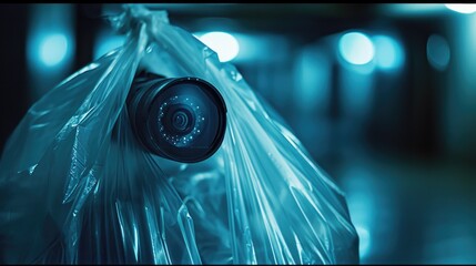 A camera is securely wrapped in a plastic bag. This image can be used to depict protection, weatherproofing, or the need to keep equipment safe in various conditions